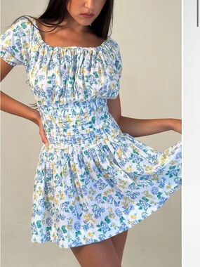 Frankie's Bikinis White Mini Dress with Blue and Yellow Floral Print